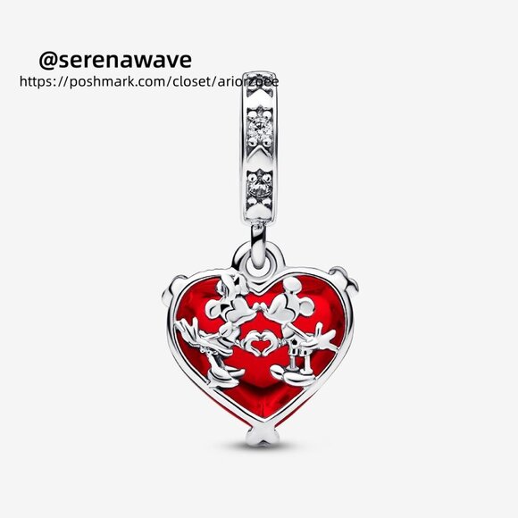 Pandora Disney Mickey & Minnie Mouse Kiss Red Murano Glass Dangle Charm - Picture 2 of 5